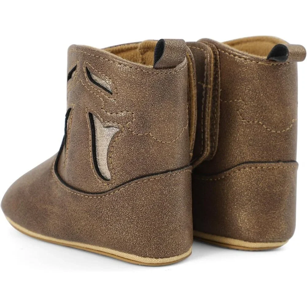 Infant Toddler Glitter Brown Faux Leather Western Rubber Sole Tassel Booties